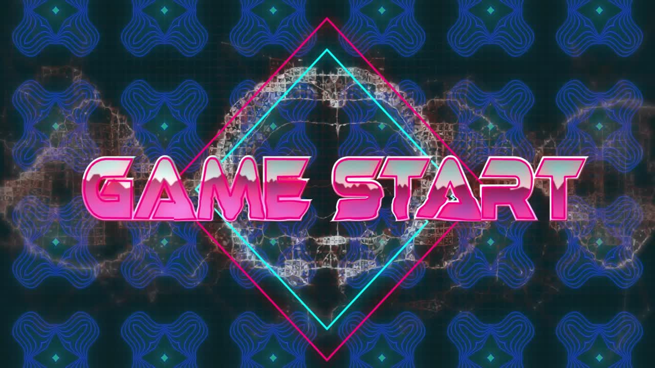 Ciclo di pattern che genera una scritta neon "GAME START" con un diamante che si forma a spirale e archi pulsanti che segnalano l'inizio