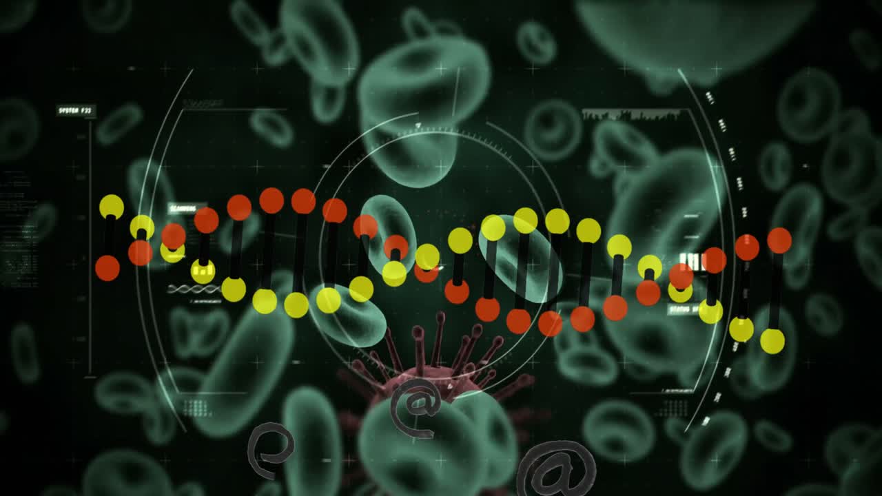 animación de la cadena de adn y procesamiento de datos sobre virus y células sanguíneas