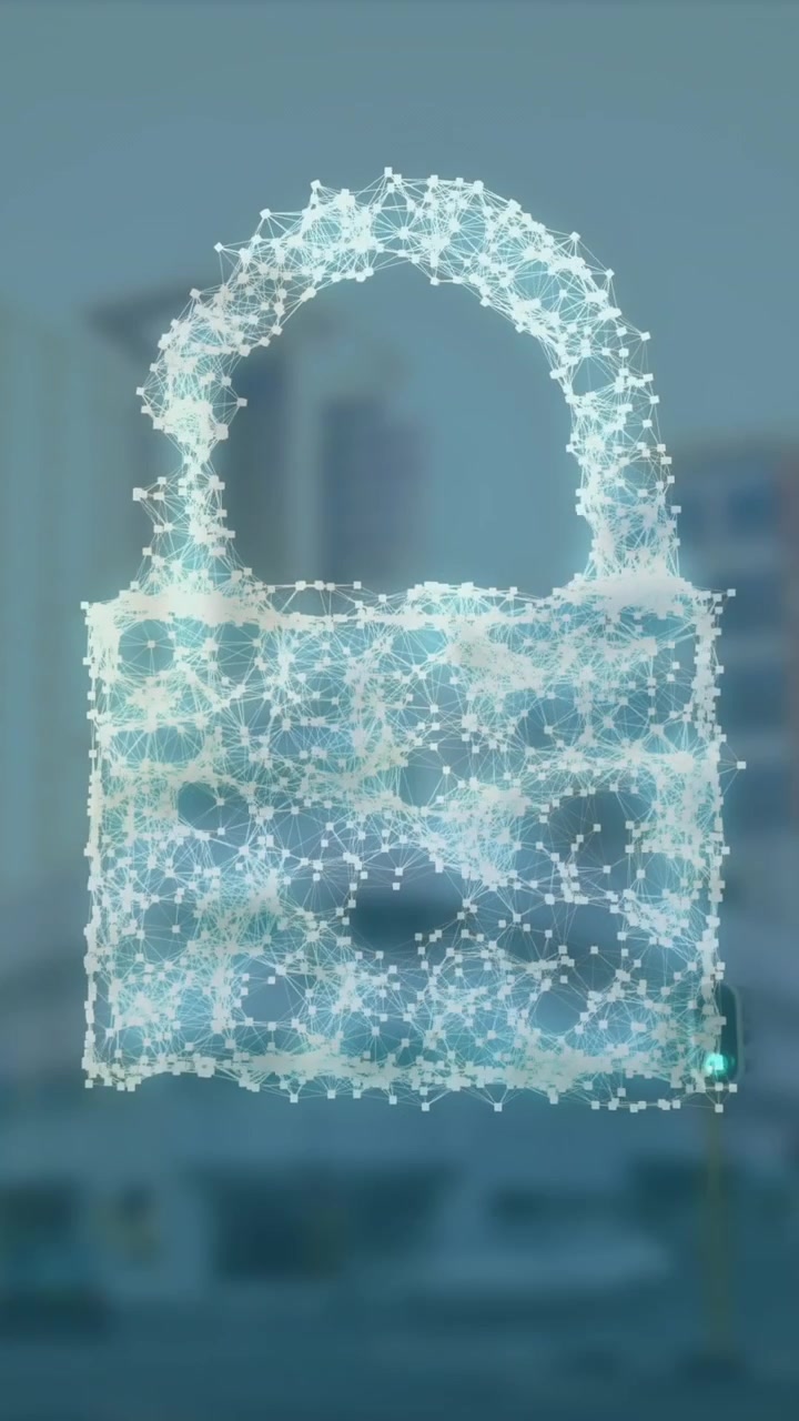 Animation of network of connections forming cloud and security padlock icon against city traffic