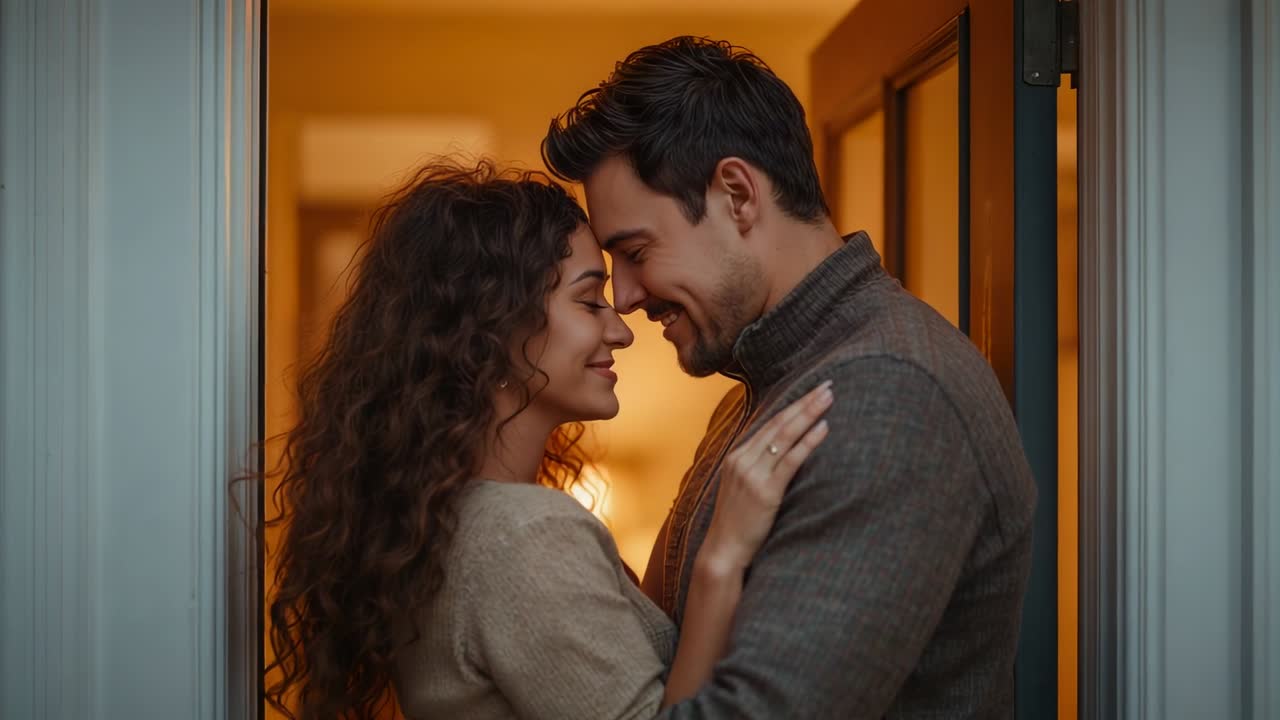 Una pareja con jerséis de punto abrazándose en una puerta que se abre, demostrando su amor con un anillo y un halo