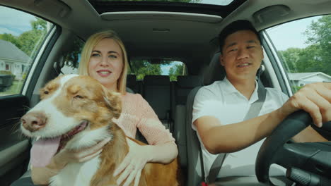 young multinational couple with a dog ride in the car a general front view