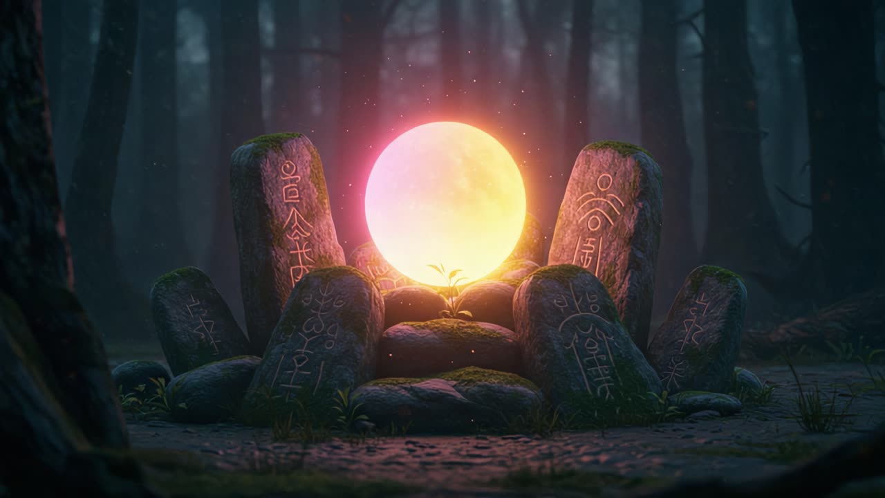 A Mystical Stone Circle Illuminated by a Glowing Orb in a Foggy Forest, Surrounded by Ancient Symbols and Lush Greenery, Evoking a Sense of Enchantment and Wonder