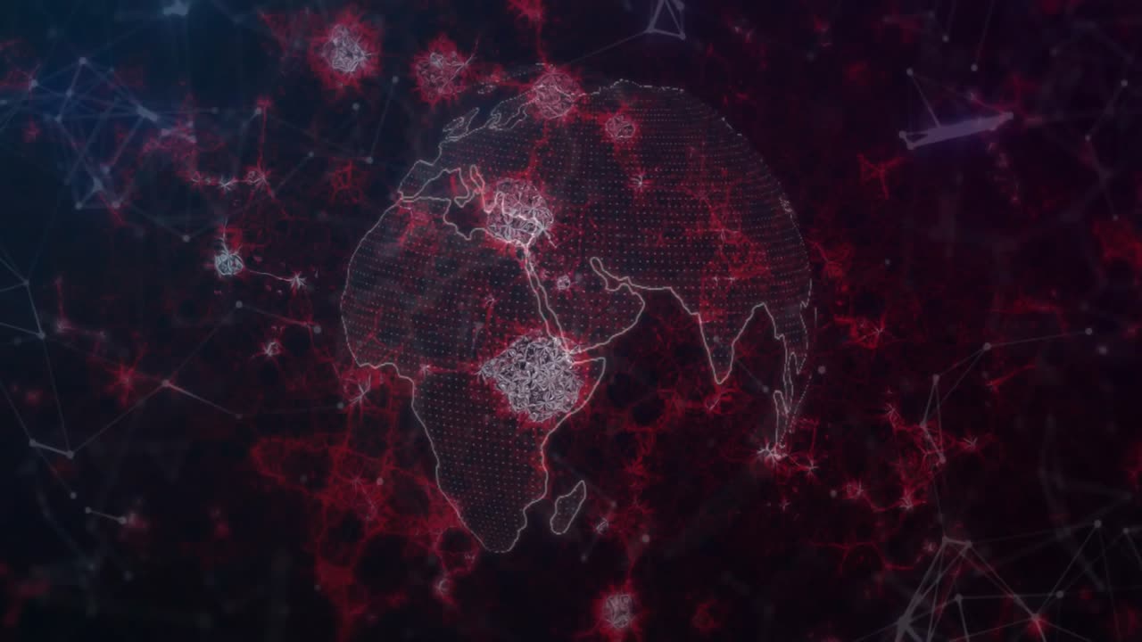 Começando de uma rede escura com nós vermelhos, globo girando, clusters de vírus à deriva, espalhando-se
