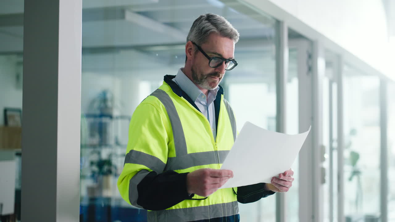 Construction worker reviewing blueprints in an office