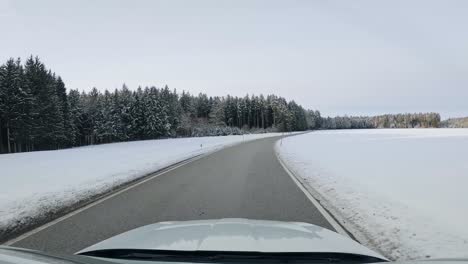 vista frontal del conductor: conduciendo un automóvil a través de un paisaje nevado al lado de un bosque con árboles cubiertos de nieve a lo largo de campos de polvo blanco, hermoso paisaje invernal desde la vista del parabrisas