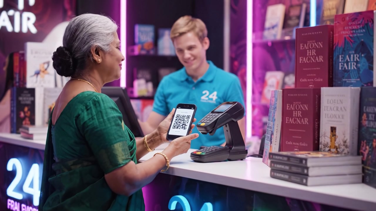 A woman completes a payment using her smartphone at a vibrant bookstore checkout, engaging with a friendly cashier amidst an array of colorful book displays.