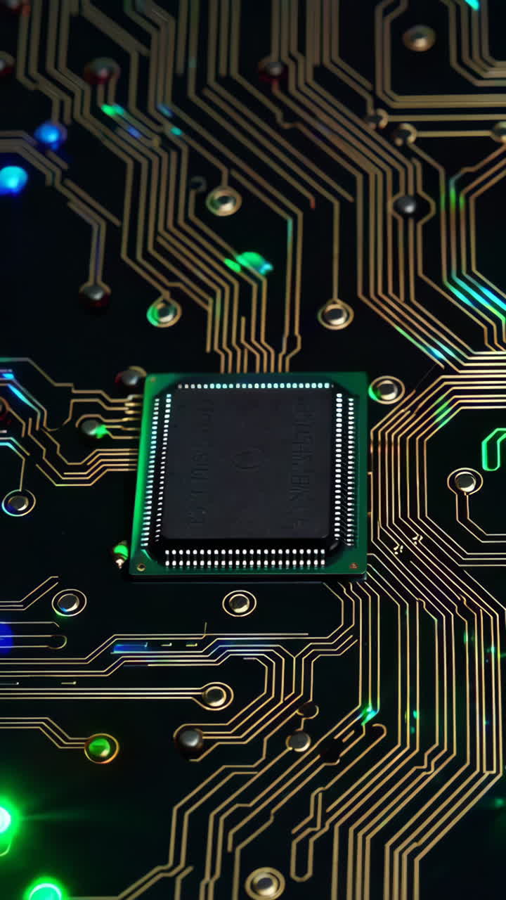Circuit Board with Glowing Lights and Microchip
