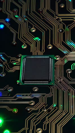 circuit board with glowing lights and microchip