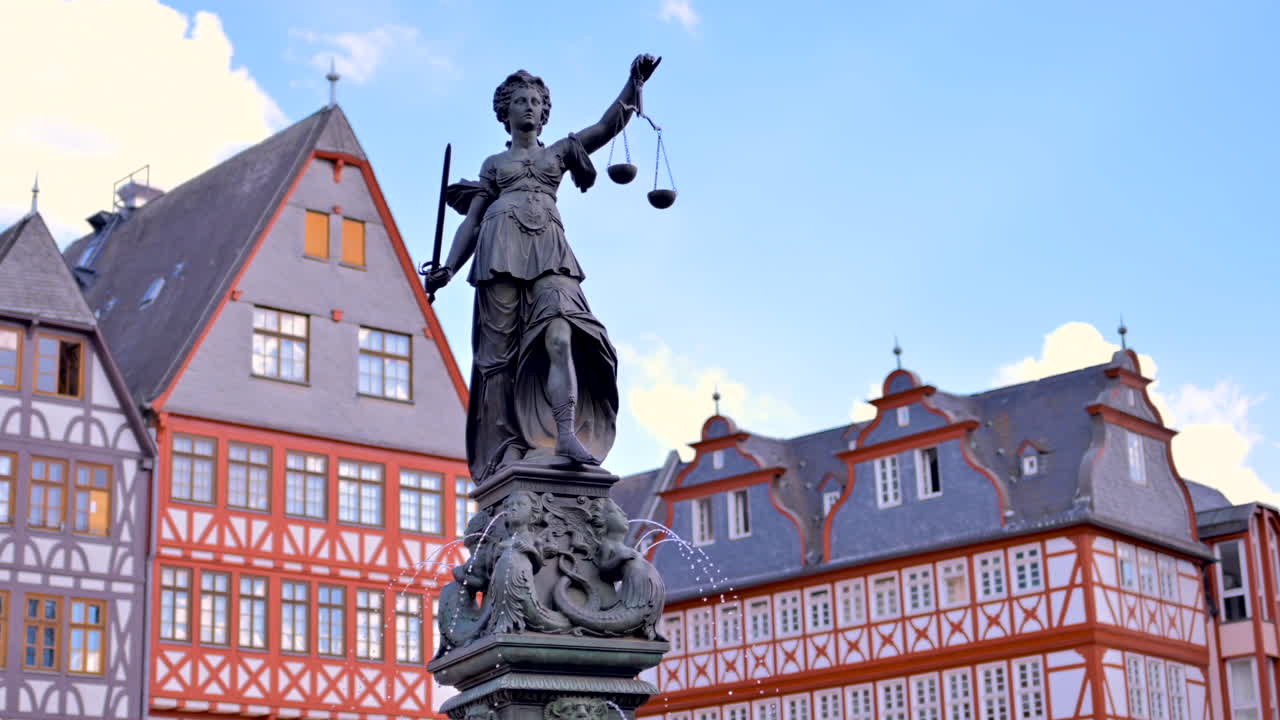 The Fountain of Justice in Romerberg historical market square in Frankfurt, Germany