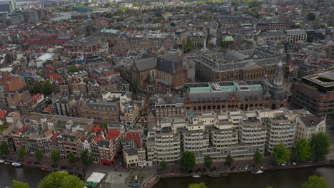 Slow-forward-Aerial-Establisher-of-Amsterdam-Cityscape-and-Royal-Palace-on-Cloudy-Day