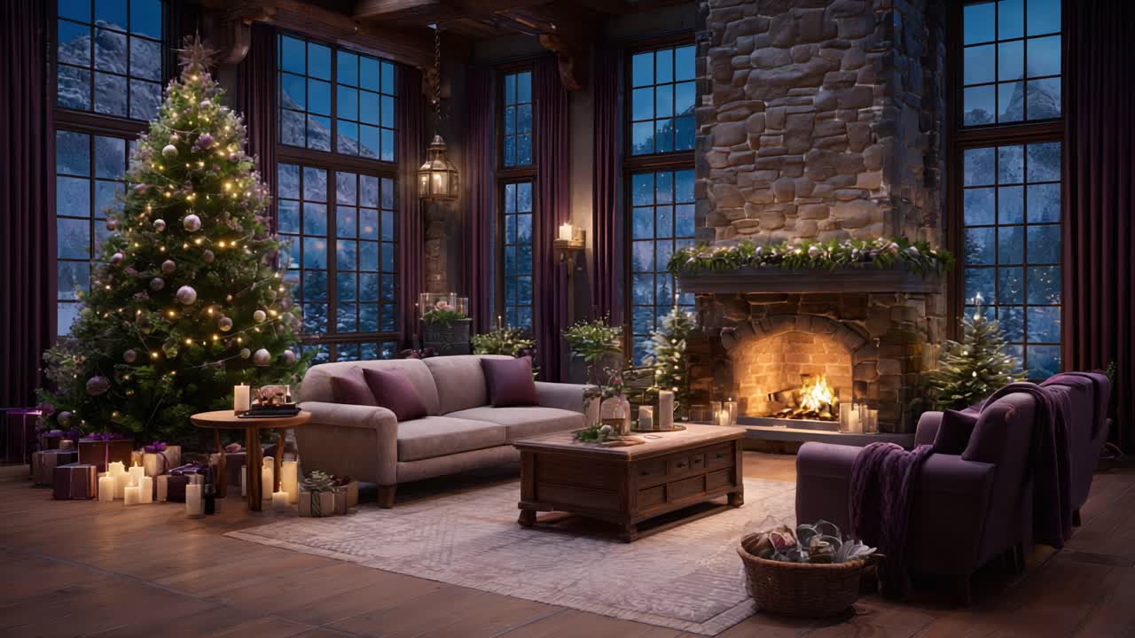 Cozy and Festive Living Room with Christmas Tree and Fireplace: A Warm Holiday Retreat Surrounded by Presents and Beautiful Decorations in a Scenic Mountain Setting