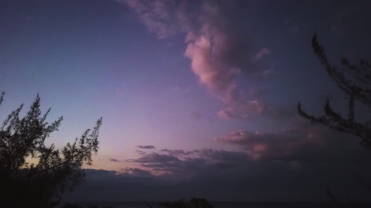 Colorful twilight sky in Jamaica fading from day to blue hour night highlighting soft silhouettes of tropical trees, timelapse tilt down