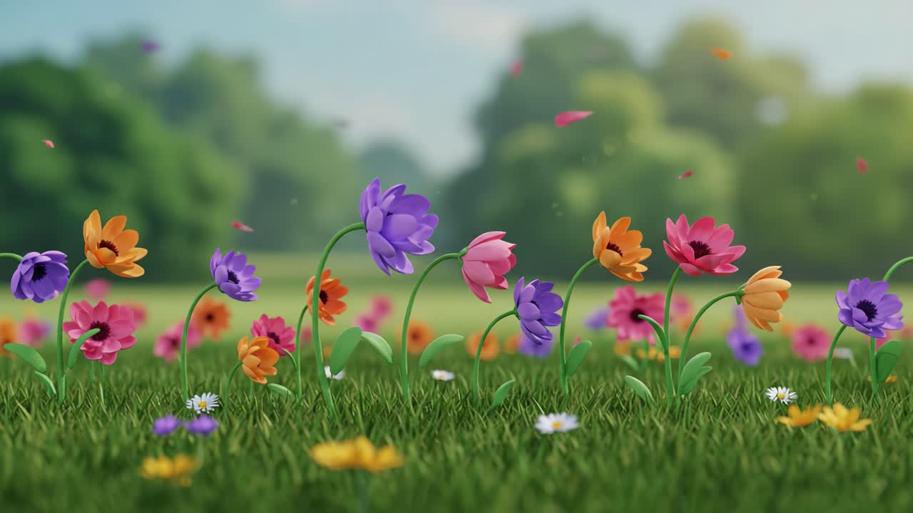 A Vibrant Collection of Colorful Flowers Blooming in a Lush Green Field Under a Sunlit Sky, Capturing the Beauty of Springtime's Floral Diversity