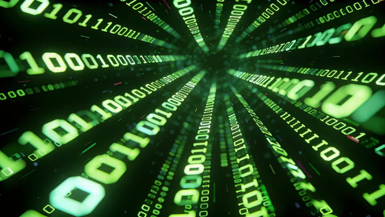 Moving camera pushing glowing green 1s and 0s digits forward through virtual tunnel, creating depth