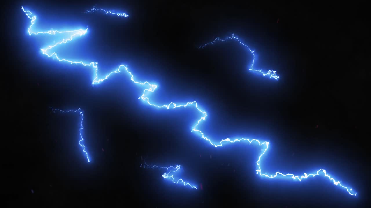 Blue lightning bolts of electrical current moving wildly across a black background