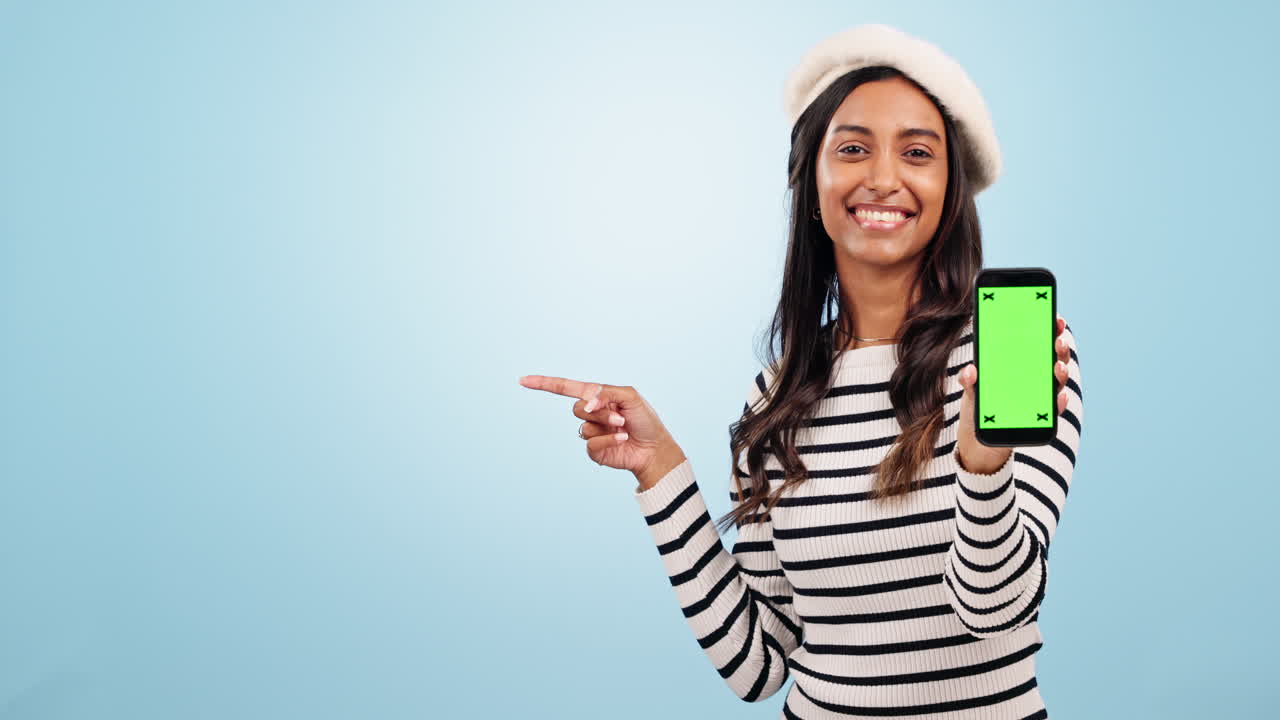 Woman, phone and green screen for fashion