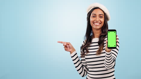 mujer, teléfono y pantalla verde para la moda