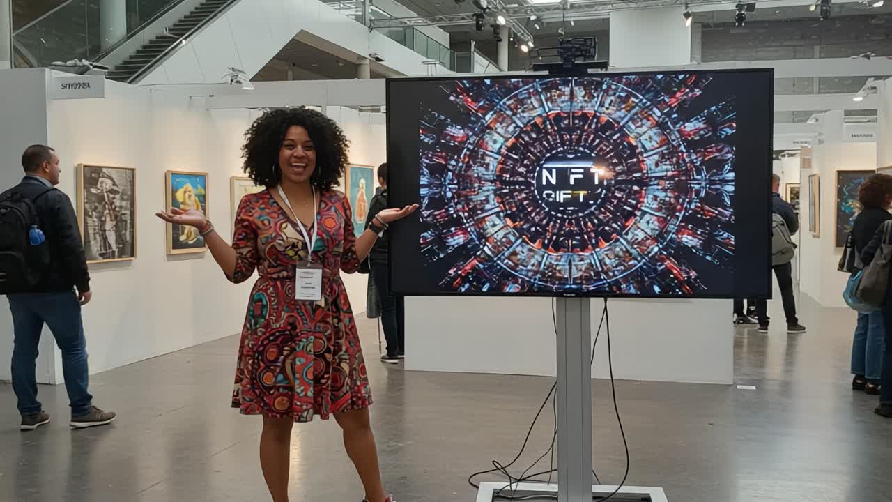 Engaging Moment at an Art Exhibition Featuring NFT Technology: A Presenter Showcases Digital Innovation and Creative Expression in a Modern Gallery Setting