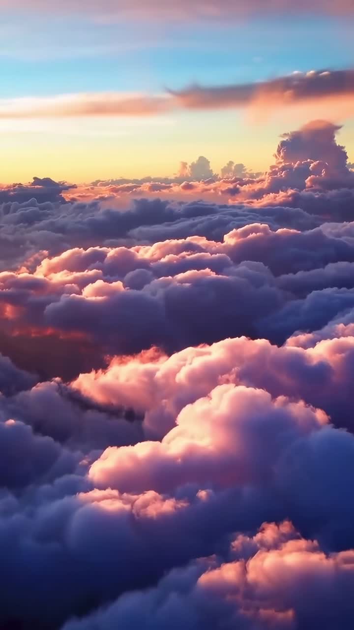 Ripresa aerea video di nuvole vivaci e soffici al tramonto, che catturano un'atmosfera serena e onirica.