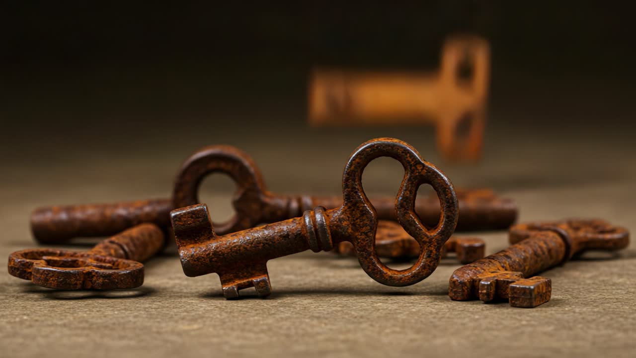 Exploring the Intricacies of Vintage Keys: A Close-Up Study on Weathered Metalwork and Its Timeless Charm in a Series of Artistic Frames