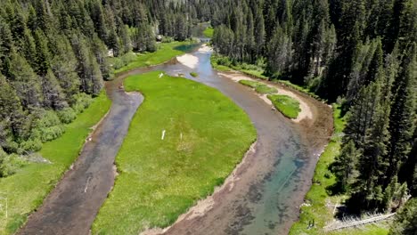 drone panning shot of a flowing river with a surrounding forest mid day with bright colors and blue sky