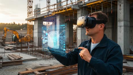 innovative construction worker utilizing virtual reality technology on a job site, demonstrating the future of building and design interactively in an augmented environment