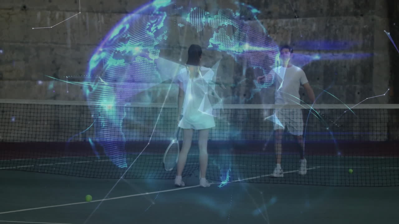 man and woman holding rackets on tennis court, with holographic globe showing technology