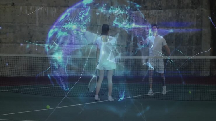 man and woman holding rackets on tennis court, with holographic globe showing technology