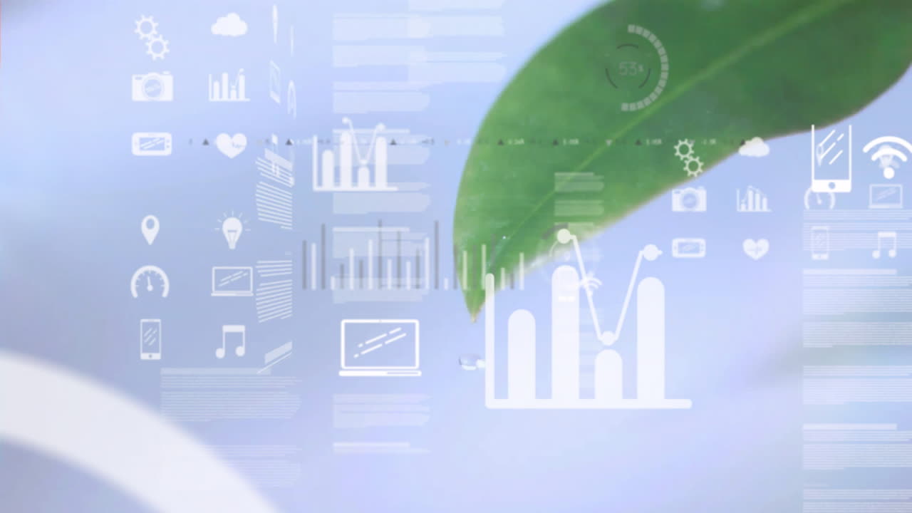 보라색 배경의 잎 위에 디지털 데이터 처리의 애니메이션