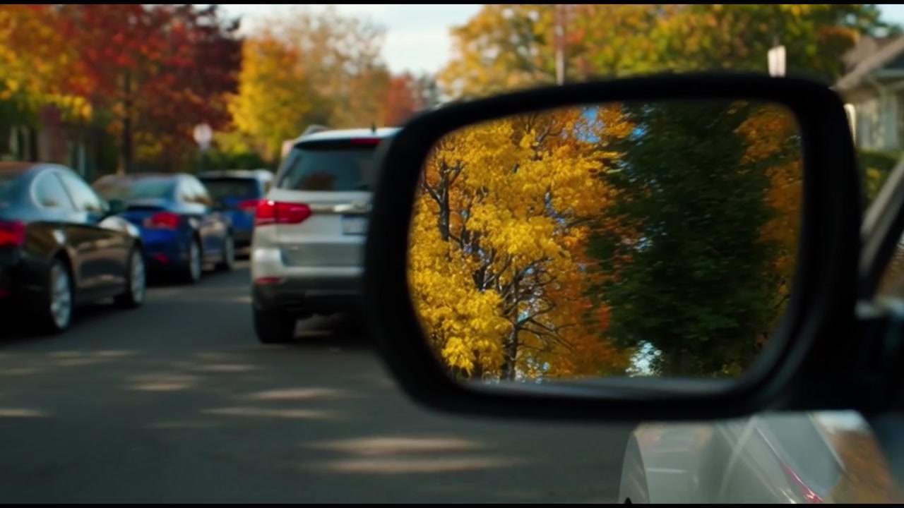 Auto projíždějící kolem zaparkovaných vozidel na předměstské ulici na podzim