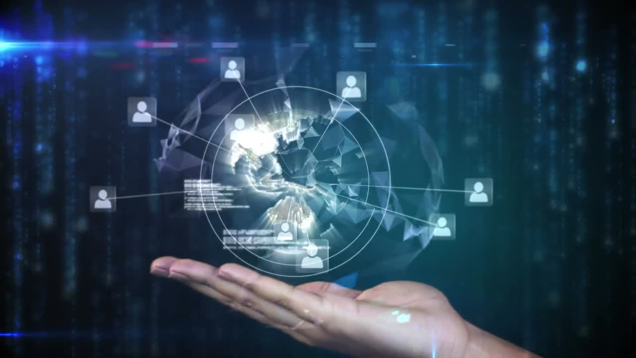 Animation of globe with network of connections with data over caucasian woman's hand