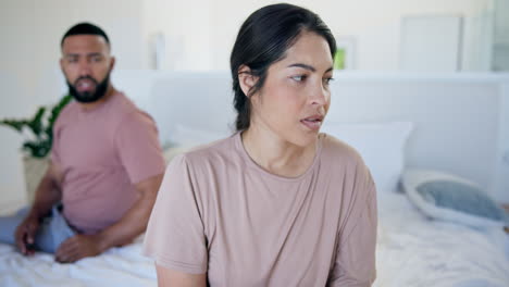 woman, fight and conflict of couple in bedroom