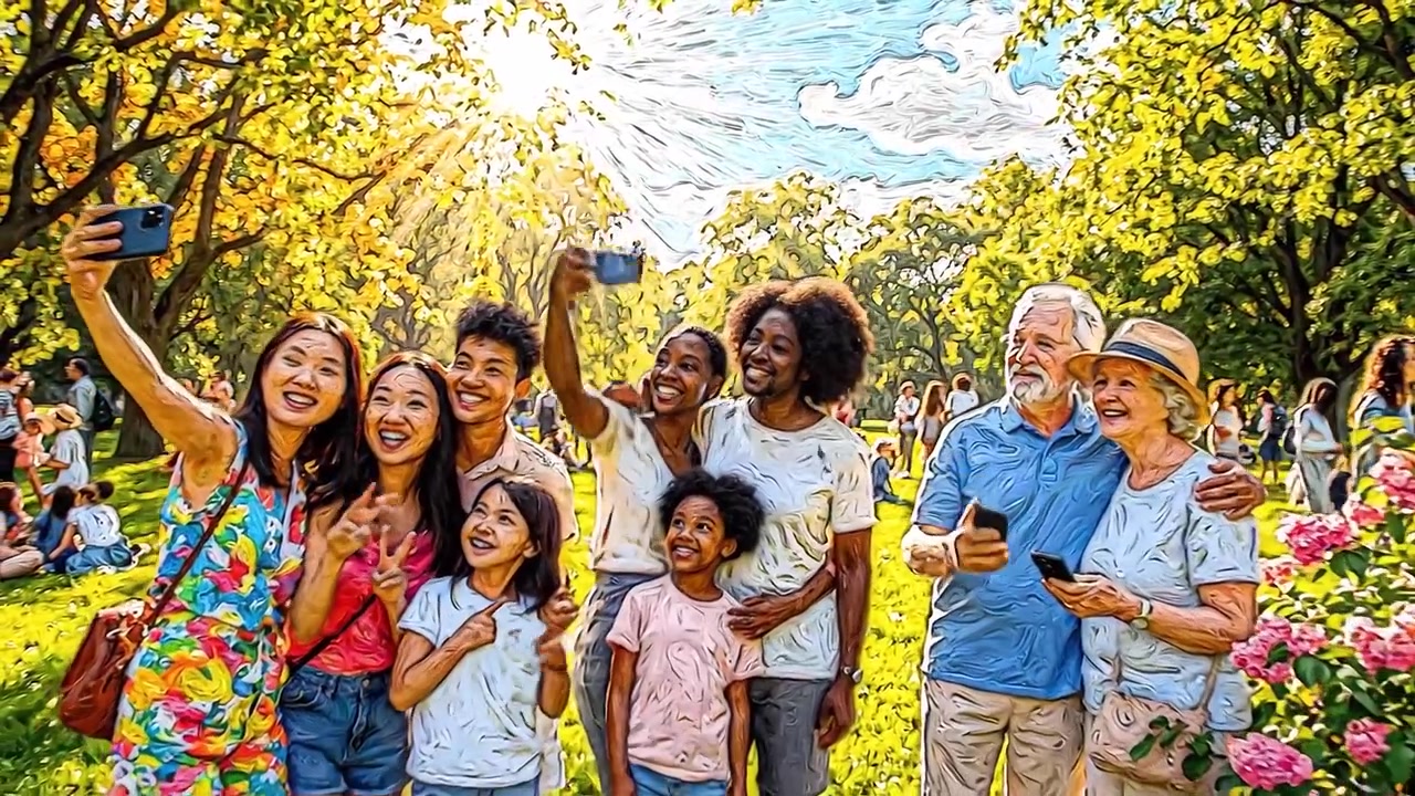Um Encontro Alegre de Famílias e Amigos em um Parque Colorido, Capturando Momentos e Sorrisos em Meio à Beleza da Natureza e Flores Vibrantes Sob um Céu Brilhante