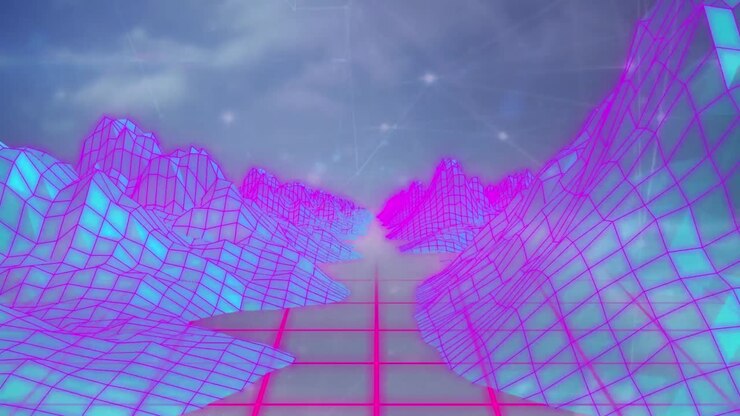 Animazione di ghiacciai generati in 3D su una rete di connessioni e nuvole