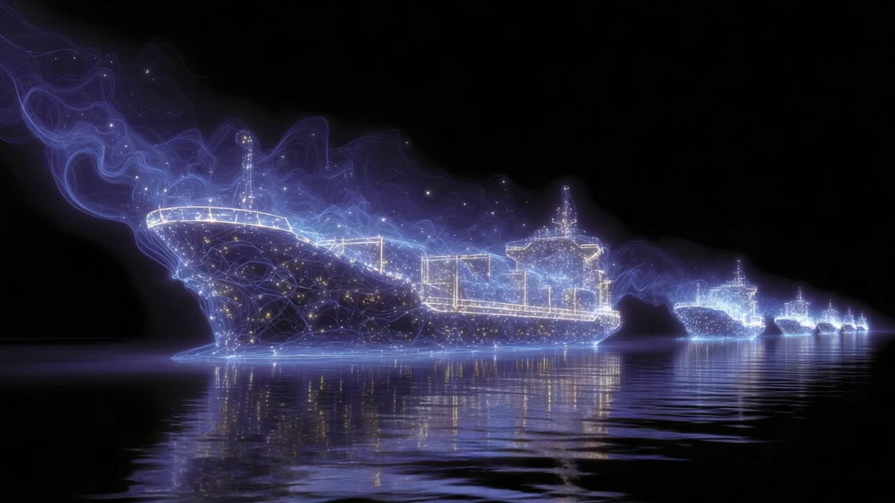 Futuristic fleet of cargo ships made of glowing particles sailing on a dark digital sea, symbolizing global shipping, logistics, and maritime trade technology in a captivating animation