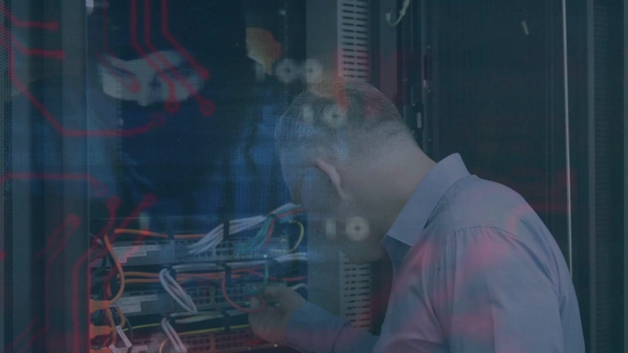 Tech leaning forward tracing and reconnecting cables, restoring network, blue overlays on glass