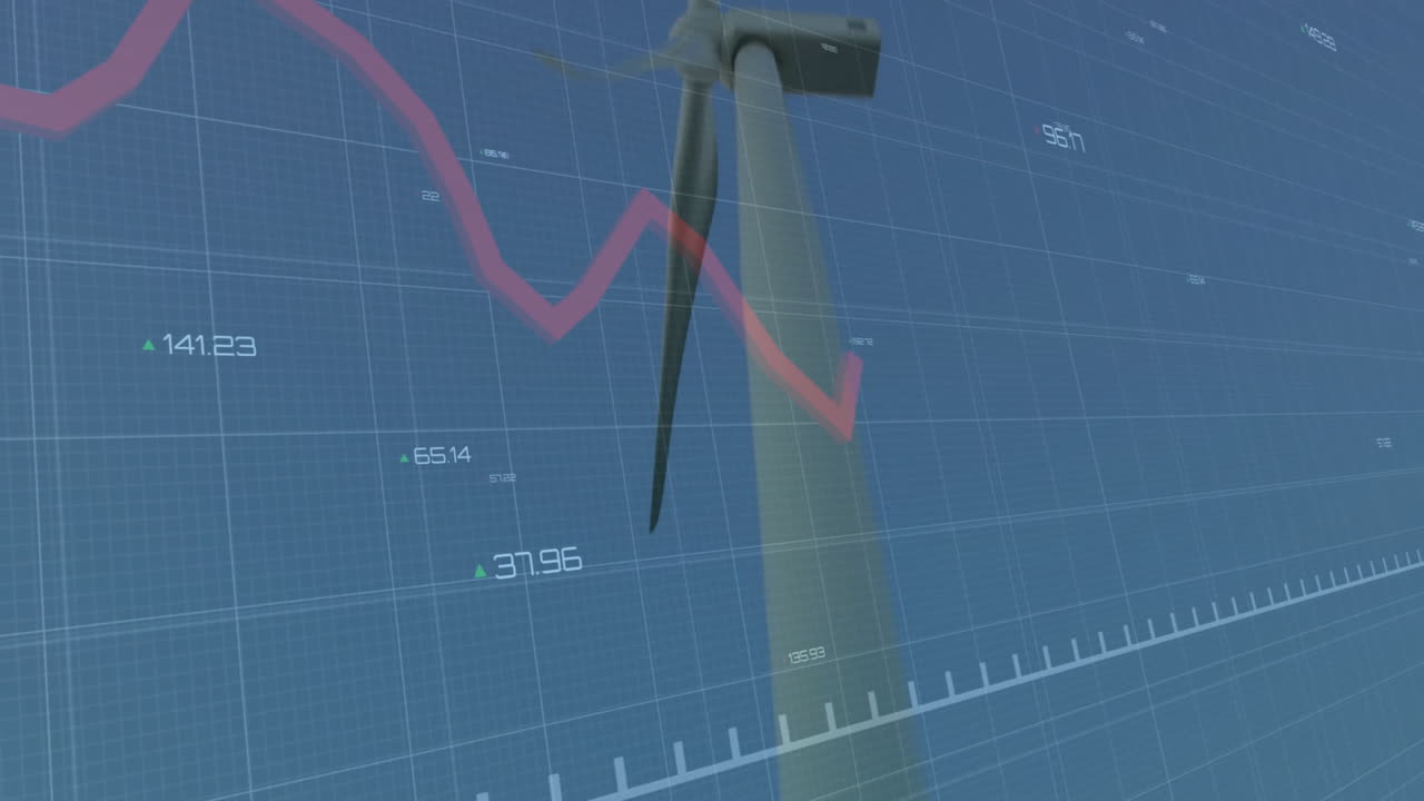Wind turbine blade and tower being visualized on blue grid, showing red line chart data