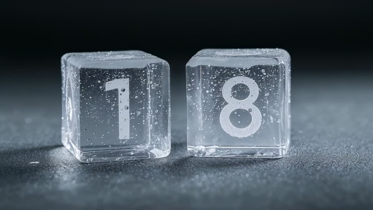 Tightening frame and shifting light revealing bubbled cubes on dark mat, emphasizing etched 1 and 8