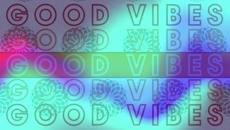 Animation-Von-Text-„Good-Vibes“,-Wiederholt-In-Schwarz-Auf-Blauem-Und-Hellblauem,-Unscharfem-Hintergrund