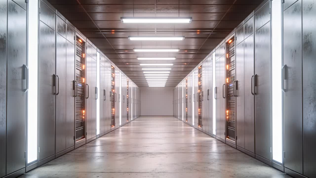 Monitoring system cycling during check, causing server racks pulsing amber LEDs along corridor