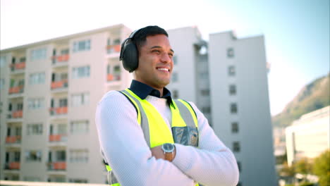 construcción, visión y un trabajador de la construcción feliz
