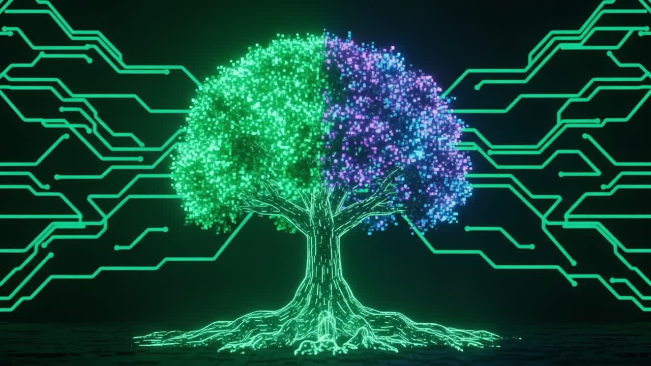 A Stunning Visualization of a Transcendent Tree Embodying the Fusion of Nature and Technology Through Captivating Neon Lights and Circuit Patterns