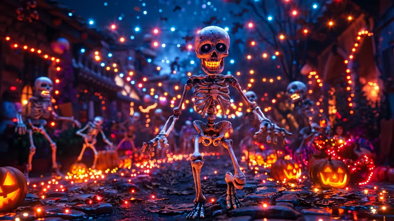 Scheletri ballano tra le luci di Halloween. Scheletri si riuniscono in una strada festosa con luci brillanti, zucche e foglie autunnali durante la notte di Halloween.