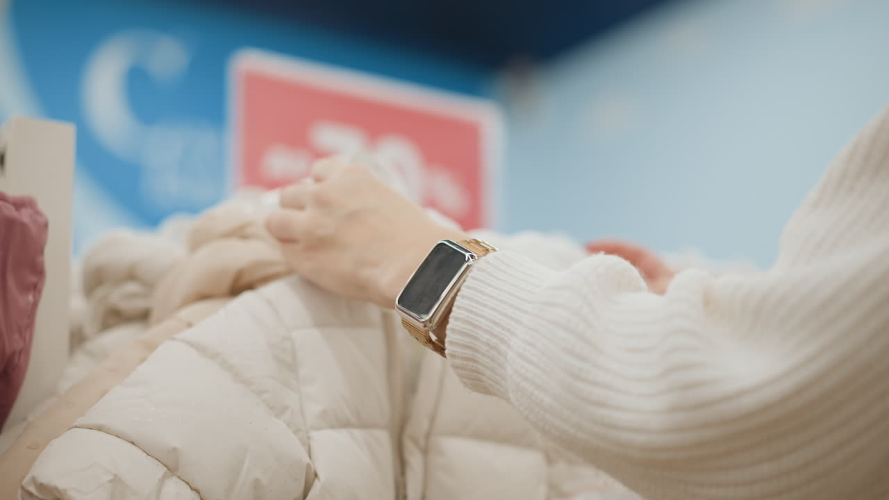 Hand view of expectant woman checking milk colored winter children coat in cloth store, fingers feeling padded quilted fabric with tactile pressed detail, blurred pastel jackets in background