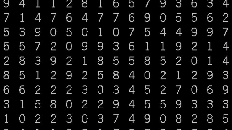 High-tech mathematics scan search with screen full of white numbers changing on black.