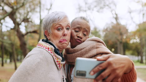 Selfie,-funny-face-and-women-senior-friends
