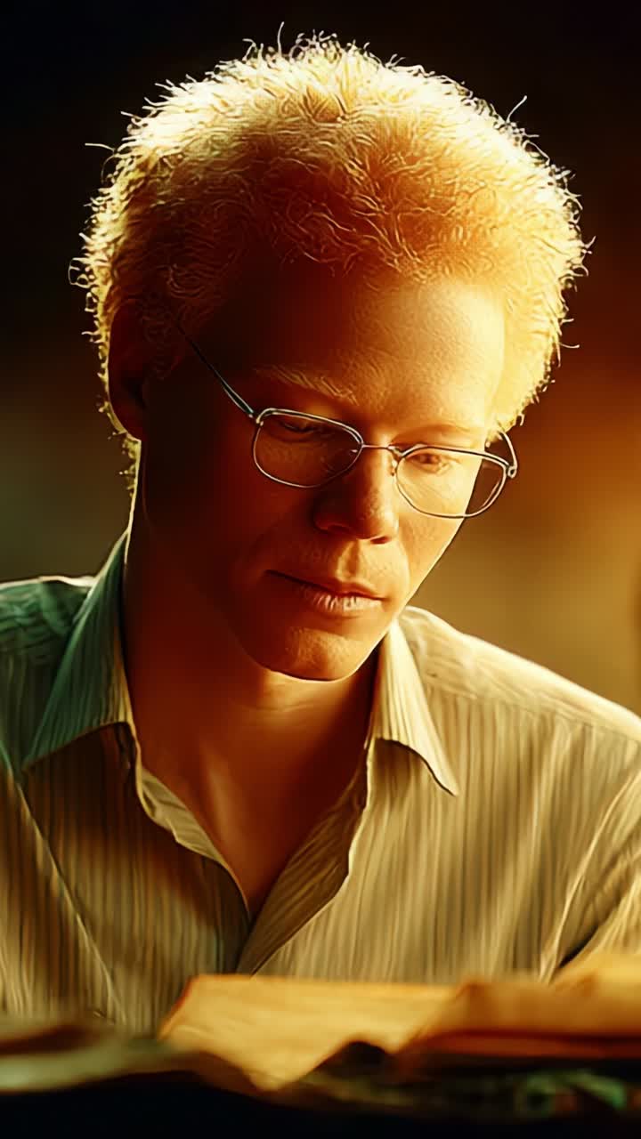 A contemplative individual, deeply engrossed in reading a book, illuminated by soft light that highlights the texture of their golden hair and deep focus