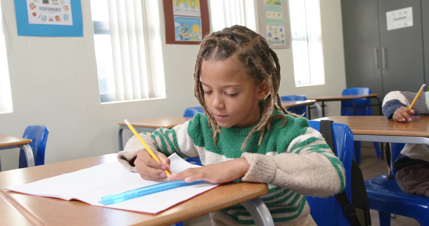African-American students with child reaching blue ruler, yellow pencil for workbook, drawing line