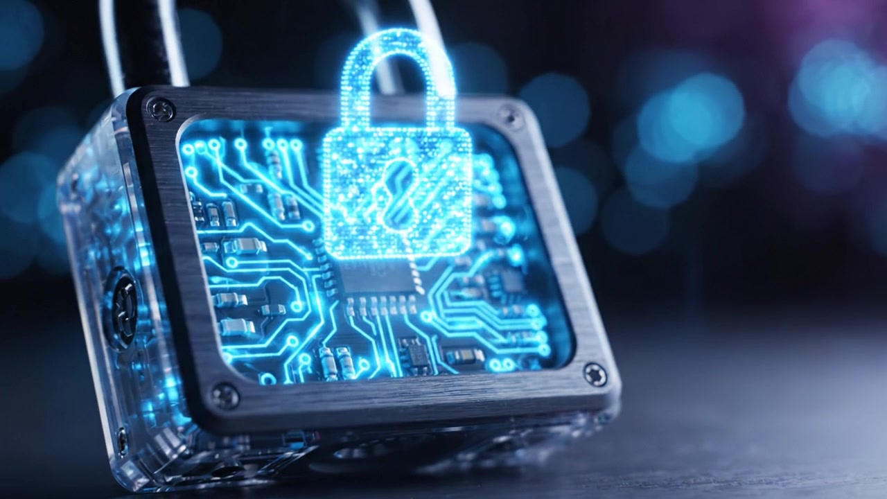 A Futuristic Padlock Showcasing a Microchip and Circuitry, Symbolizing Advanced Security Technologies and Digital Protection Against Cyber Threats