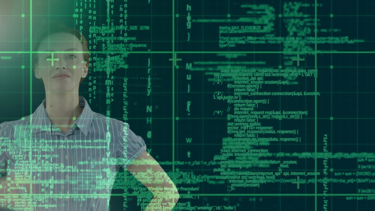 Animation of Caucasian woman touching a screen with floating data on black background